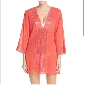 La Blanca Island Fare V-Neck Tunic Swim Cover Up Crochet Cotton Orange Pink M
